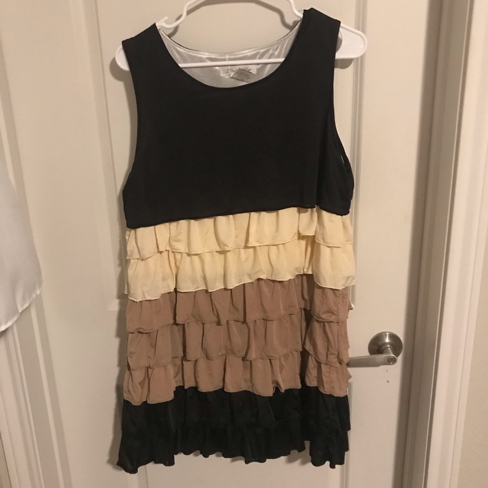 Brown, cream and black ruffle dress